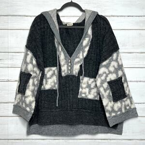 POL Hooded Knit Sweater Gray Colorblock Cozy Button Henley Womens Small